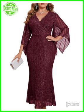 Sparkly Lace Plus Size Mermaid Maxi Dress Long Sleeve Formal Evening